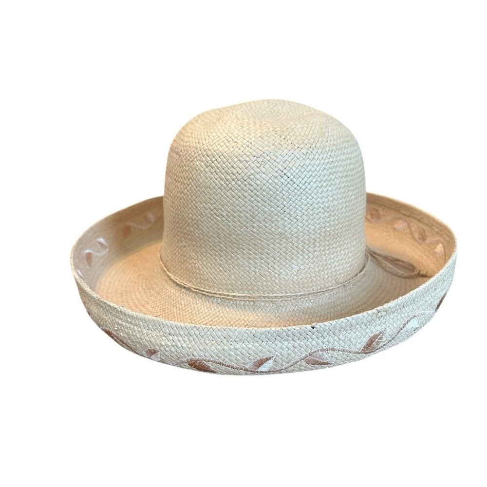 Vintage Women's Straw Sun Hat Wide Brim Embroidered Trim 100% Paper OS Vacation - Picture 2 of 7
